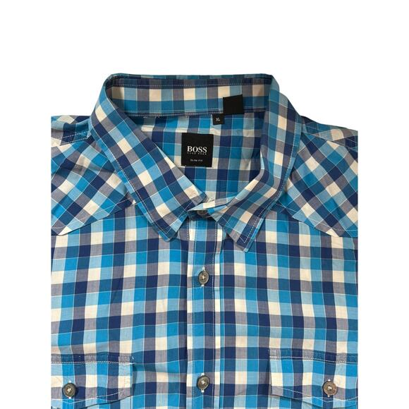 Hugo Boss Mens Slim Fit Blue & White Checked Shirt XL - Picture 5 of 8